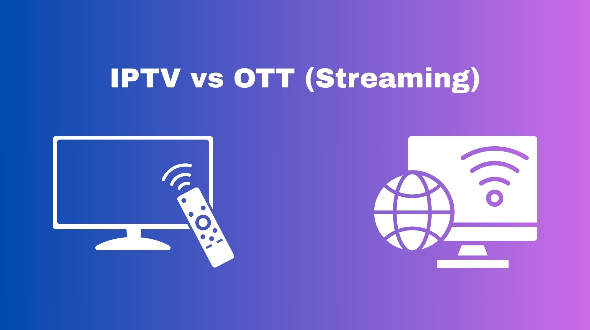 Une comparaison entre l'IPTV Suisse et les services de streaming OTT sur un fond violet, avec des icônes pour la télévision et Internet.