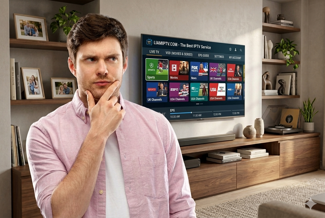Ein nachdänklicher Ma stoht vor eme groosse Smart-TV, wo d’IPTV-Oberflächi vo liamiptv.com mit Live-TV und Film zeigt.