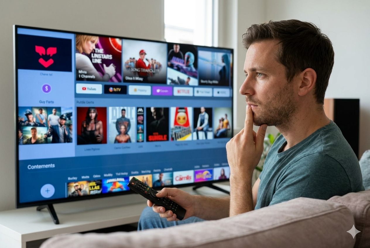 En Maa hebt e Fernbedienig und überleit, weli App er uf em Smart-TV söll wähle. Er vergliicht smart iptv mit andere Player.