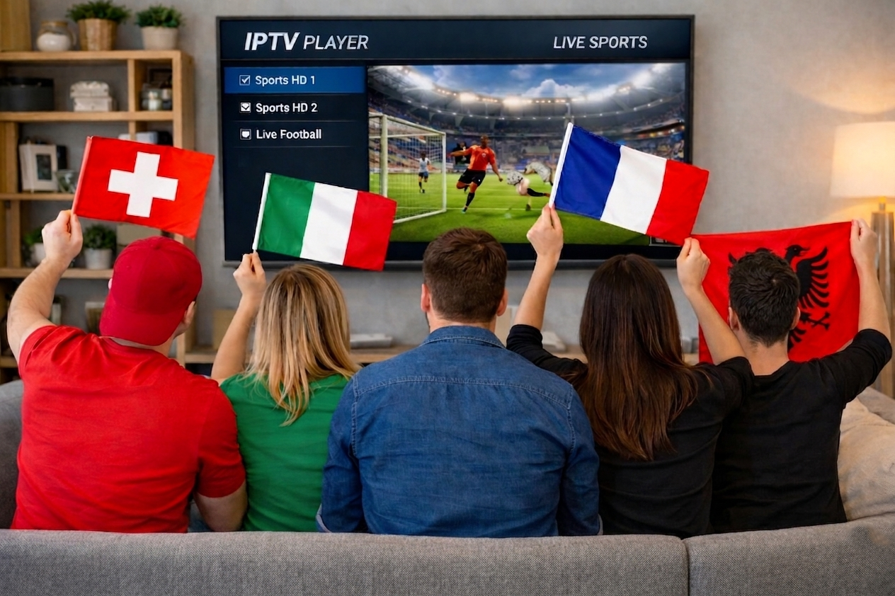 E Gruppe vo Fründe luegt mit Set IPTV internationali Sport-Sender uf emne grosse TV und hebet verschidnigi Nationalflagge wie d’Schwiizer Fahnä.