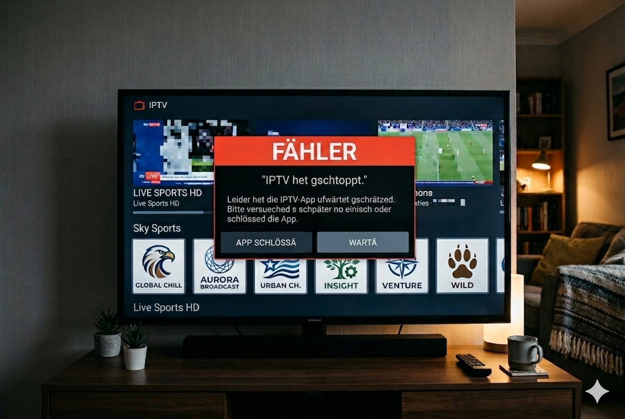 En Fernsehschirm zeigt e Fehlermeldig, dass d App uf de IPTV Box abgstürzt isch und nümme reagiert.