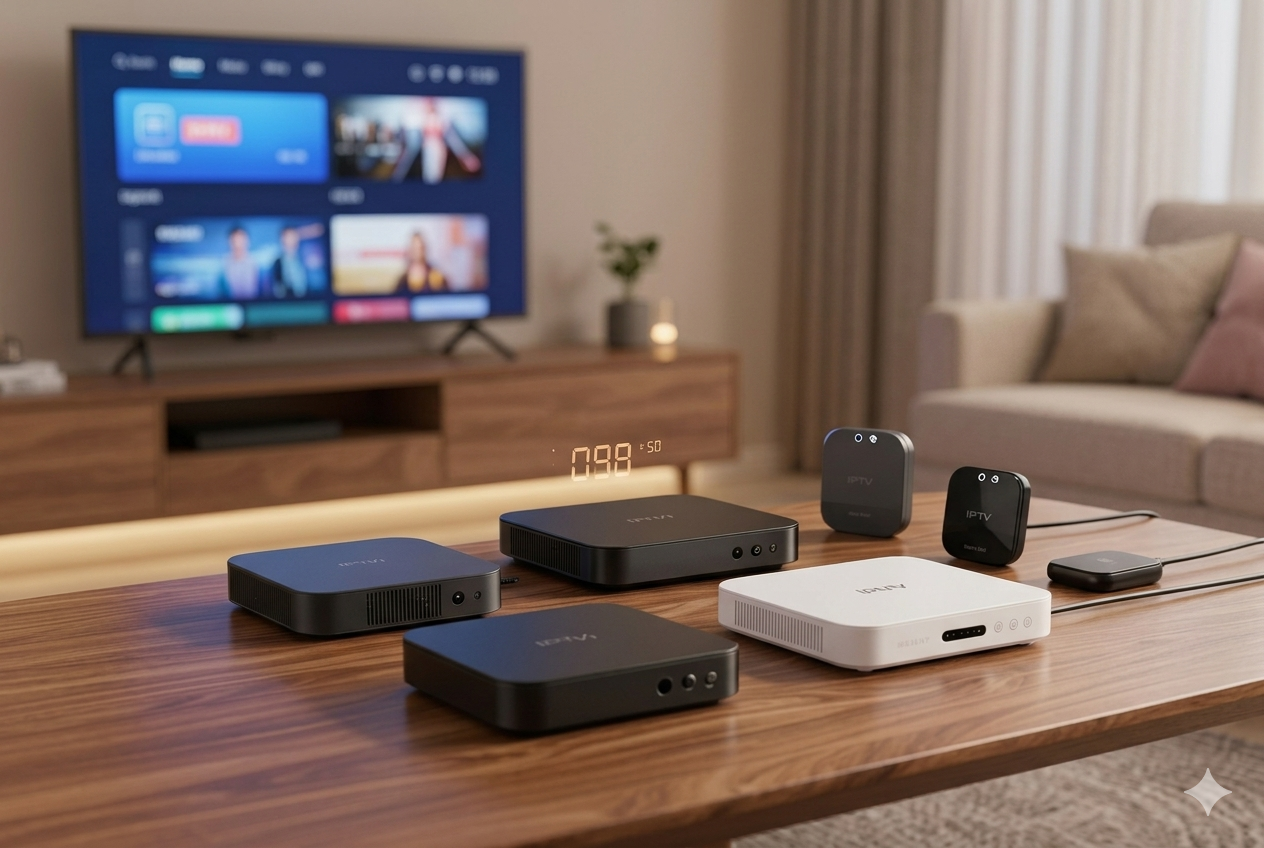 Verschiedeni IPTV Box Modell uf eme Holztisch im Wohnzimmer, wo d'Aschlüss und s'Design zeiget, mit eme Smart TV im Hintergrund.