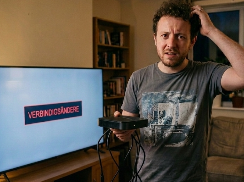 En rotlose Maa staht vorem ne Fernseh mit de Mäldig "Connection Error" und hebt e IPTV Box mit Chabel in de Hand.