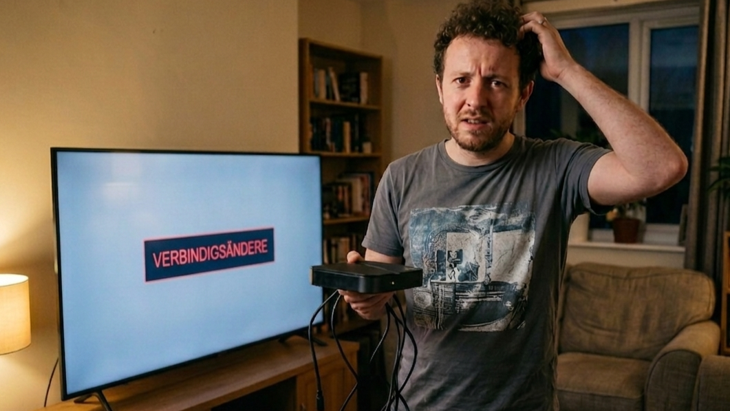 En rotlose Maa staht vorem ne Fernseh mit de Mäldig "Connection Error" und hebt e IPTV Box mit Chabel in de Hand.