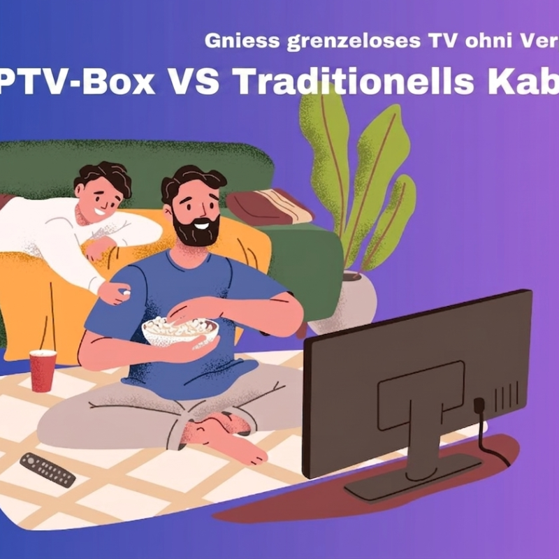En Vater und es Chind hocket am Bode und gnüssed Popcorn bim Färnseh luege, mit de Ufschrift "Enjoy Limitless TV Unbound by Contracts - IPTV Box VS Traditional Cable TV".