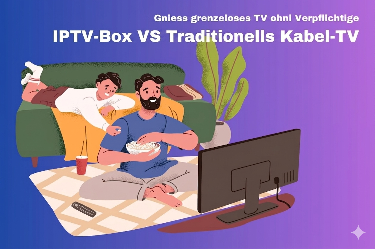 En Vater und es Chind hocket am Bode und gnüssed Popcorn bim Färnseh luege, mit de Ufschrift "Enjoy Limitless TV Unbound by Contracts - IPTV Box VS Traditional Cable TV".