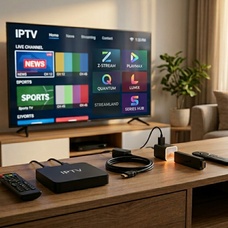 Nahufnahm vomene Holztisch, wo en IPTV Box mit ere Fernbedienig, es HDMI-Chabel und en Streaming Stick mit ere chliinere Fernbedienig für de Verglich näbenand dureschindet.