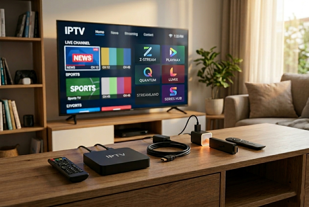 Nahufnahm vomene Holztisch, wo en IPTV Box mit ere Fernbedienig, es HDMI-Chabel und en Streaming Stick mit ere chliinere Fernbedienig für de Verglich näbenand dureschindet.