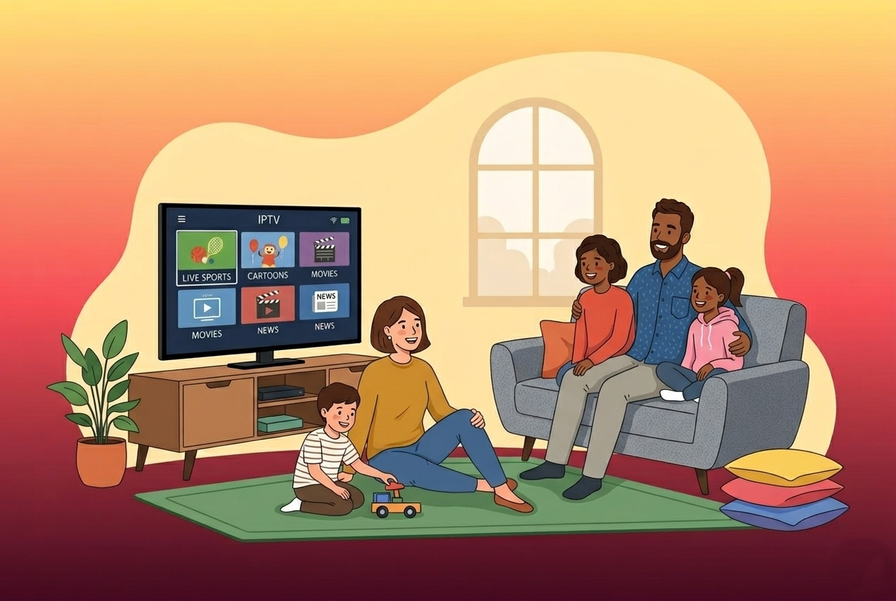 En Maa und e Frau lueget zfriede uf en Smart-TV, wo s Agebot vo emne guete IPTV Schweiz Abieter mit vonele Chanäl zeigt wird.