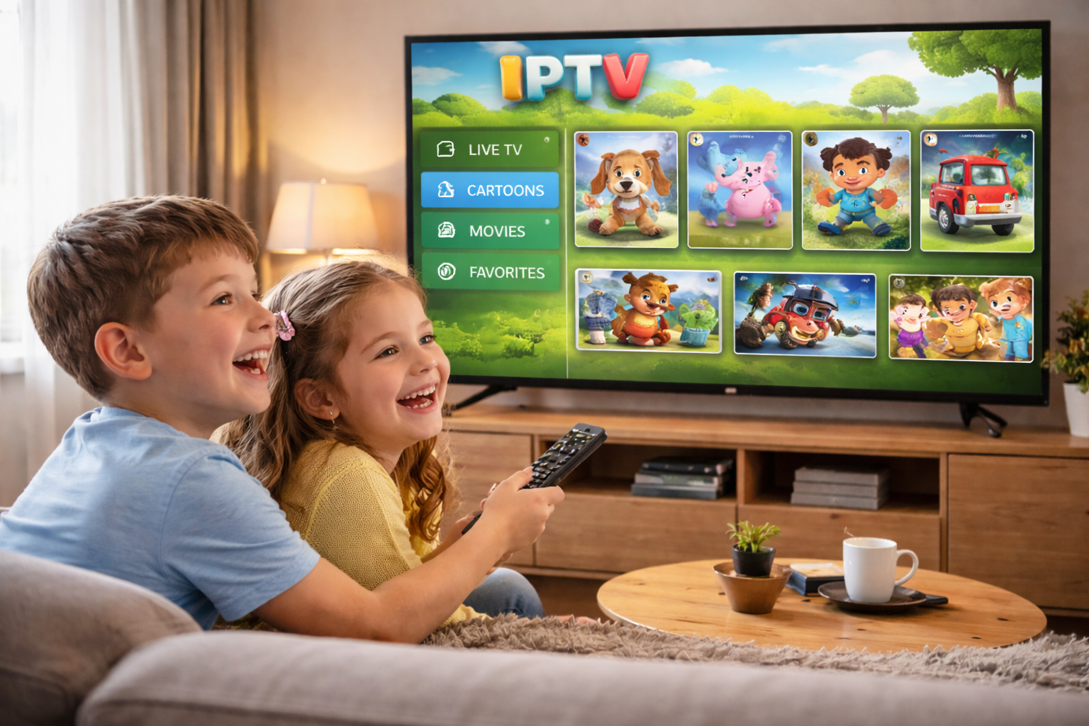 Zwei Chind lachet und suechet sich dank IPTV Schweiz es Chinderprogramm us de Mediathek uf em groosse Fernseher us.