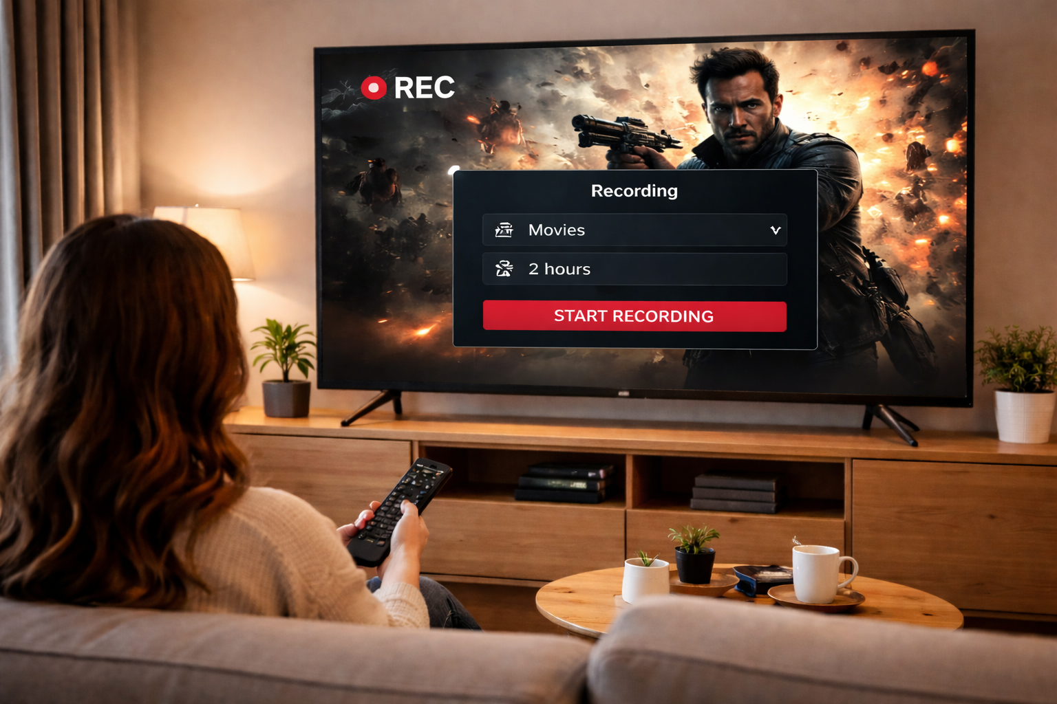 E Frau aktiviert d Ufnahmefunktion für en Film bi IPTV Schweiz uf ihrem Smart-TV mit de Fernbedienig.