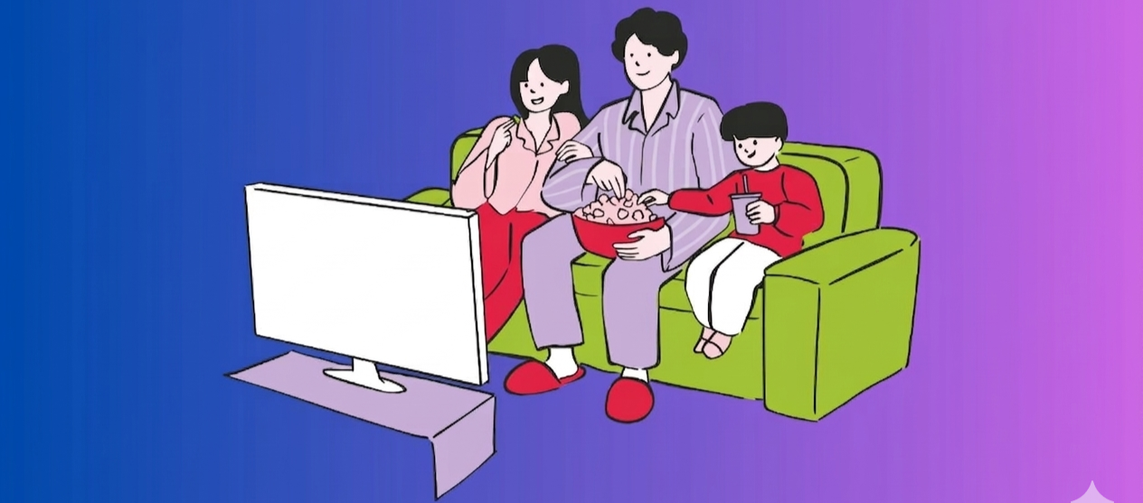En illustrierti Grafik, wo de Unterschied zwüsche IPTV Schweiz und klassischem Fernsehe zeigt, mit ere Familie uf em Sofa.