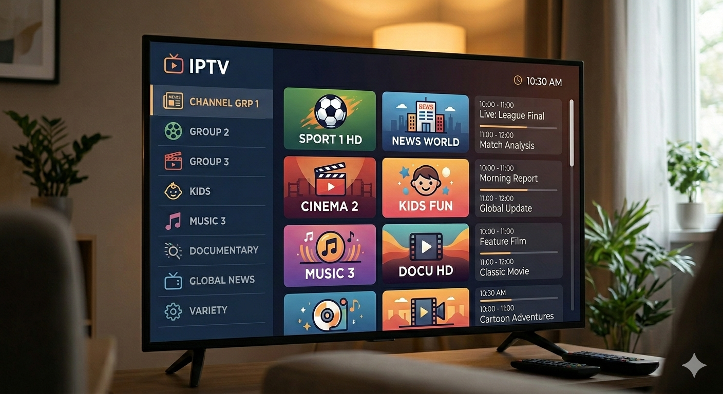 En Übersicht vo verschidene IPTV Schweiz Chanal-Gruppe wie Sport, Film und Chinder uf emne Smart-TV-Bildschirm.