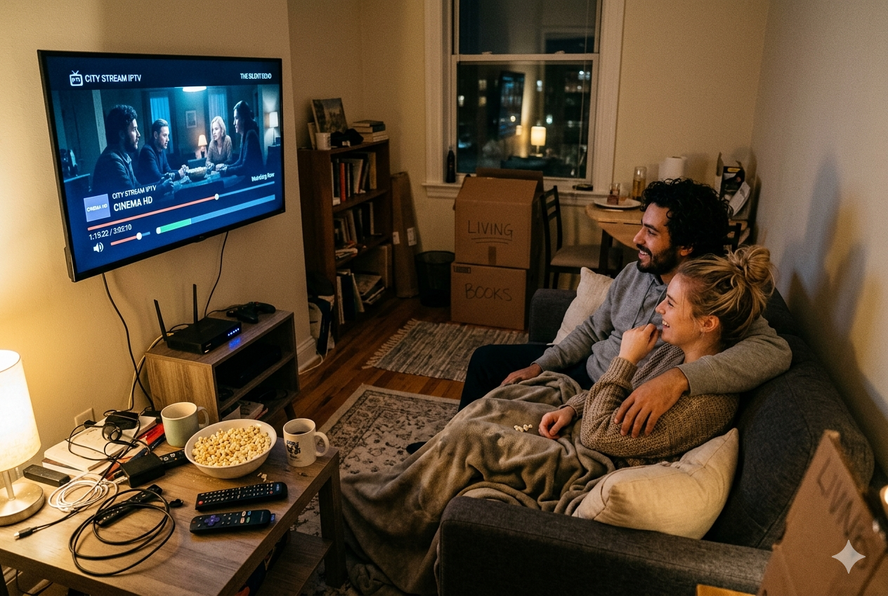 Es Paar gnüsst en Filmabig mit em IPTV Smart Player imne chline Wohnzimmer ohni Satelliteschüssle.