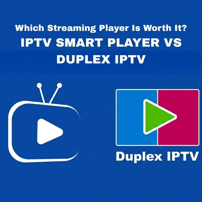 Verglich vo de Logos: IPTV Smart Player vs Duplex IPTV uf blauem Hintergrund.