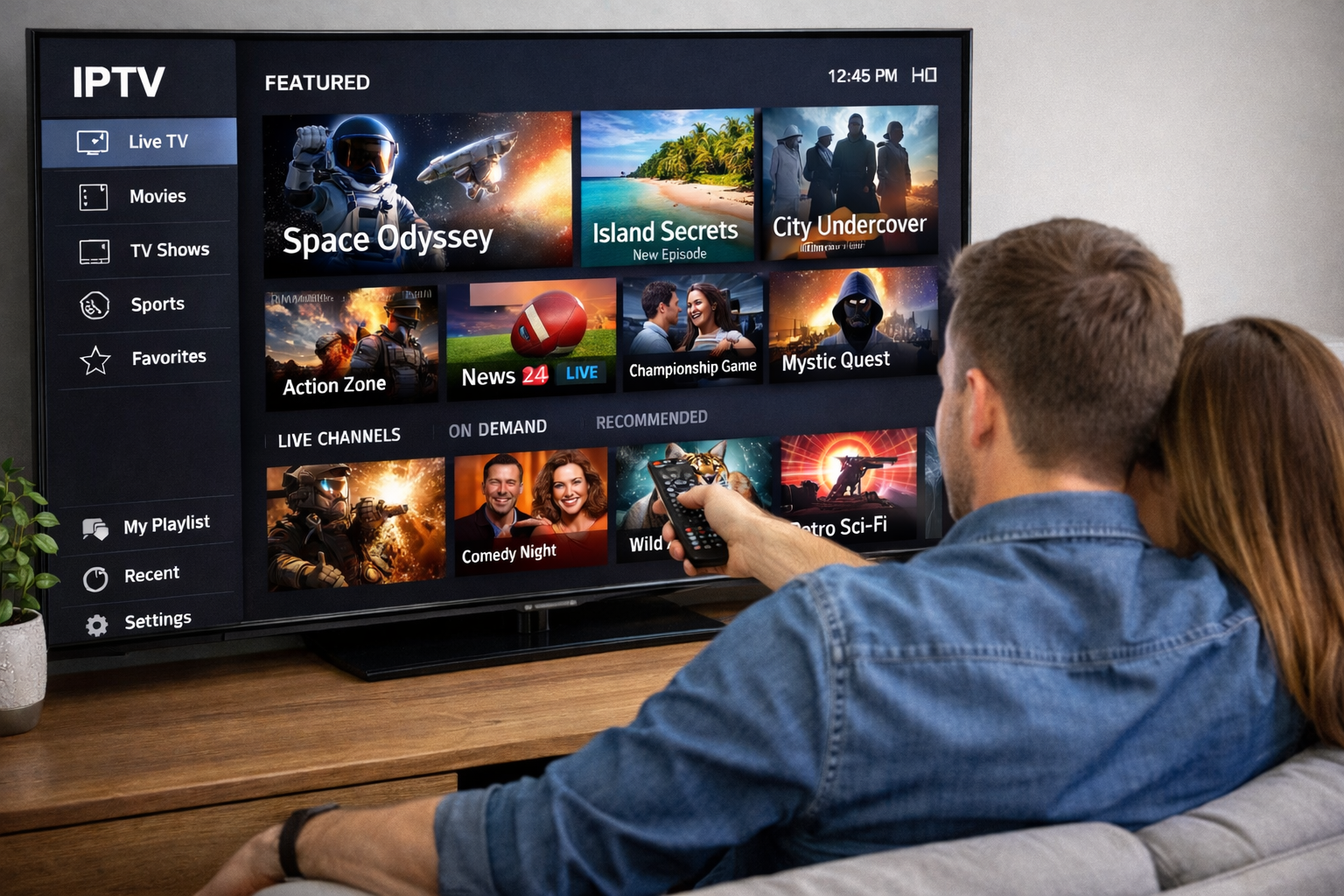 E Familie luegt e Film uf emne Android TV, wo mit IPTV Smarters iigrichtet isch.