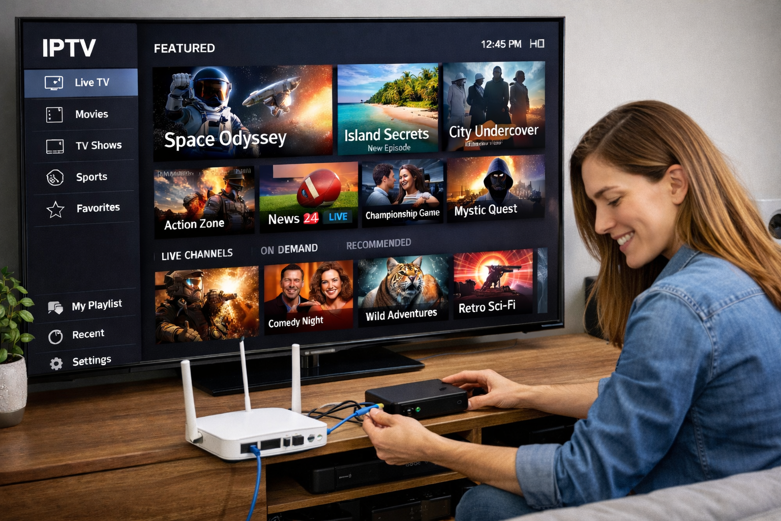 E Frau schliesst e IPTV Box a damit IPTV Smarters uf em Android TV iigrichtet werde cha.