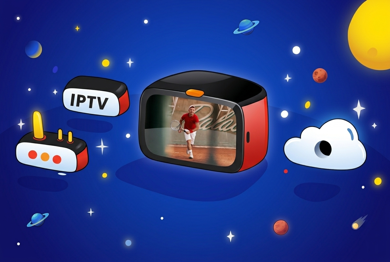 Es illustrierts Weltruum-Bild, wo d'Schlüsselelemente von ere moderne IPTV Smarters Dienscht uf eme Bildschirmli darstellt, inklusive emne Router für d'Verbindig und ere Wolke für d'Schpicherig.