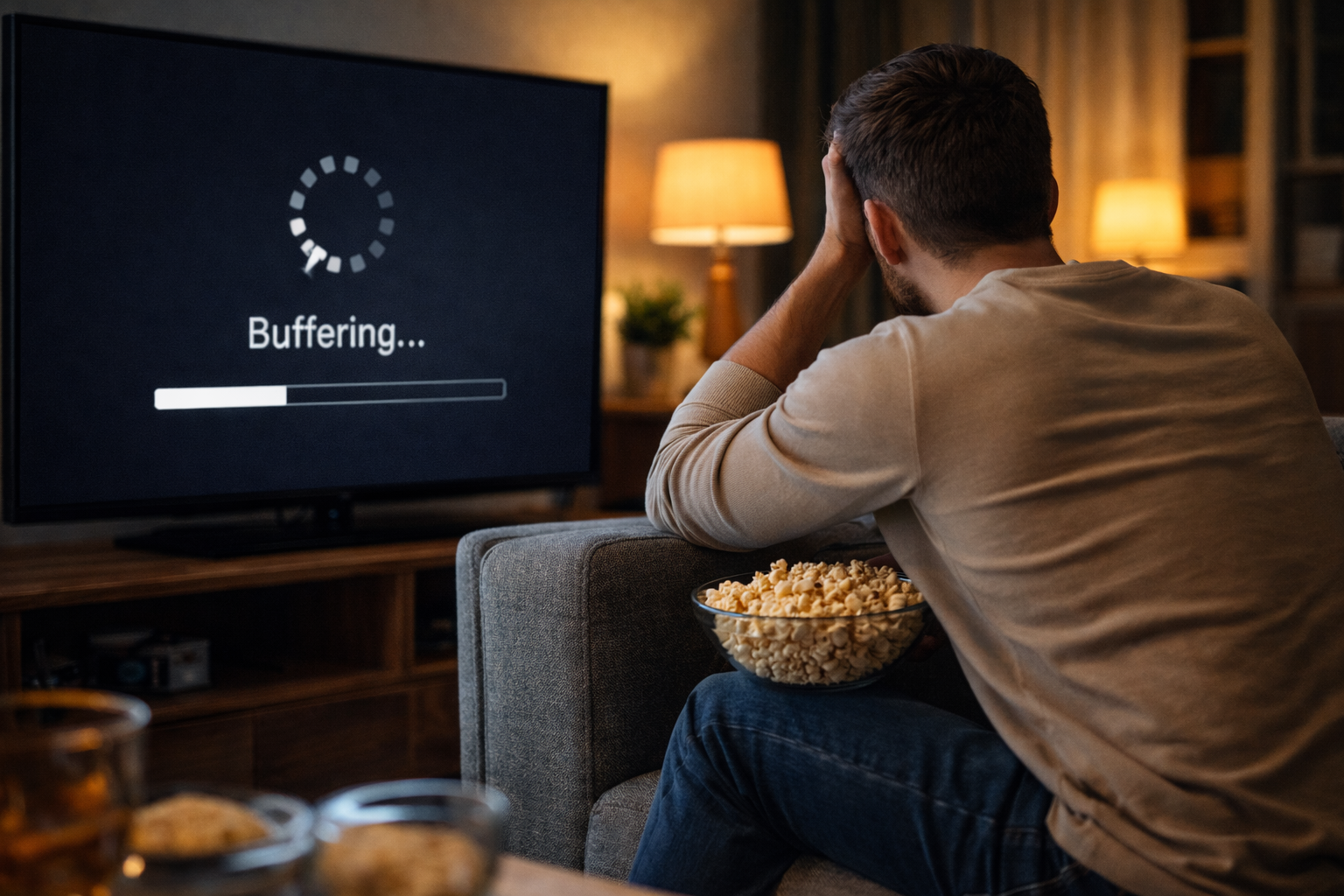 En frustrierte Ma sitzt uf em Sofa vor emne Fernseher wo "Buffering" aazeigt, zum s'Problem bi IPTV Smarters mit de richtige Ischtellige z'löse.