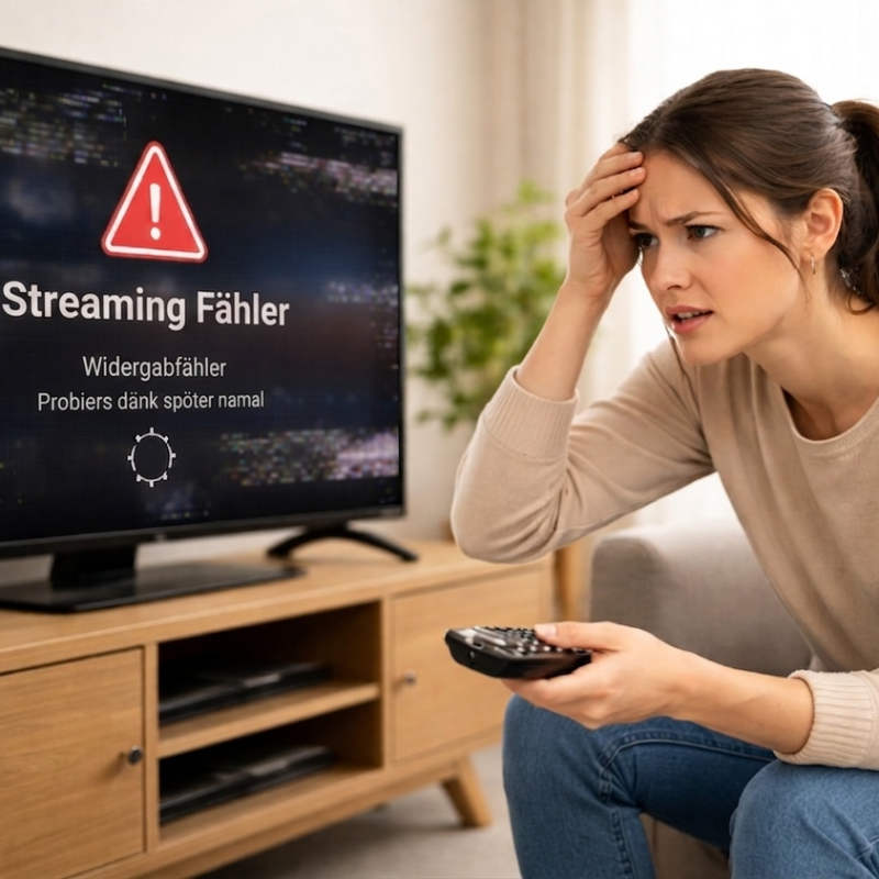 E Frau luegt verzwiiflet uf de Fernseher mit ere Fehlermeldig, zum s'Problem löse wenn IPTV Smarters abstürzt oder en Streaming-Fehler zeigt.
