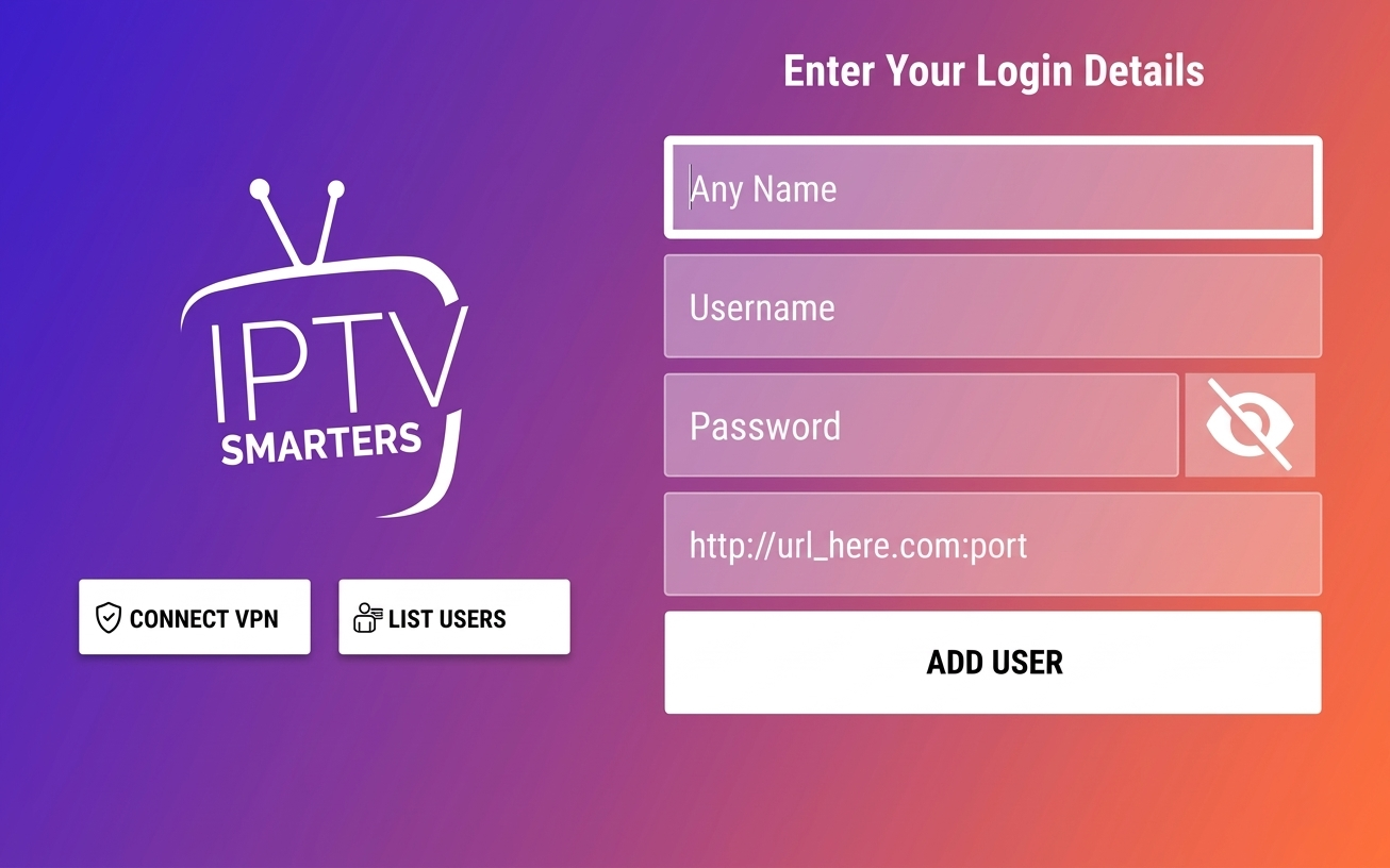 IPTV Smarters Login-Bildschirm für d Xtream Codes Aleitig: Benützername, Passwort und Server URL igäh.