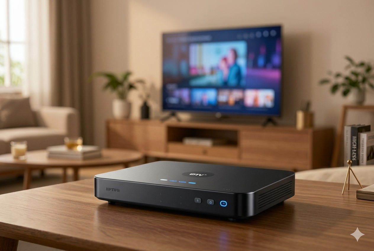 E moderne TV-Box uf emne Holztisch im Vordergrund mit emne unscharfe IPTV TV im Hintergrund, wo zeigt, wie guet die beidi Komponente zämespilled.