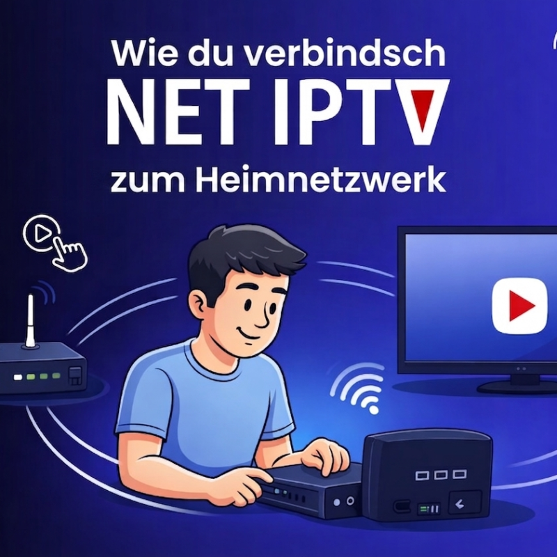 Illustrations-Aleitig wie mer Net IPTV mit em Heimnetzwerk verbindet, mit eme Ma wo en Router und en Smart TV iirichtet.