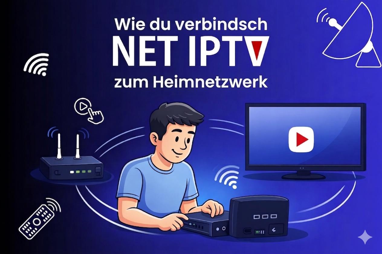 Illustrations-Aleitig wie mer Net IPTV mit em Heimnetzwerk verbindet, mit eme Ma wo en Router und en Smart TV iirichtet.