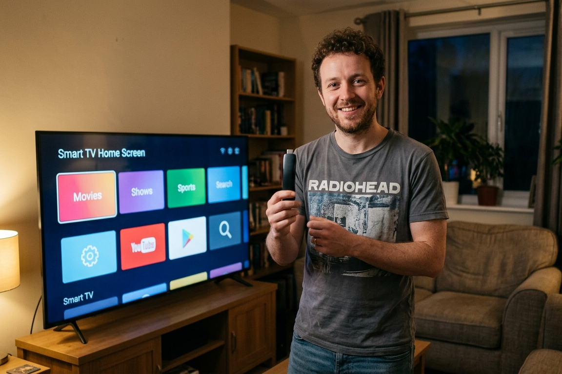 En lachende Maa imene Wohnzimmer zeigt en Streaming Stick in d'Kamera, näbet eme grosse Smart TV, zum de Underschid zu de IPTV Box z'erchläre.