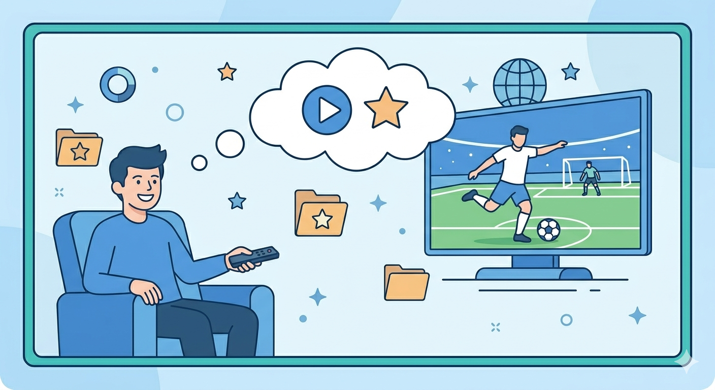 En zfriedene Nutzer lueget Fuessball uf sim Fernseh mit emene IPTV Smart Player, wo sini Favorite und Playlists perfekt organisiert hät.