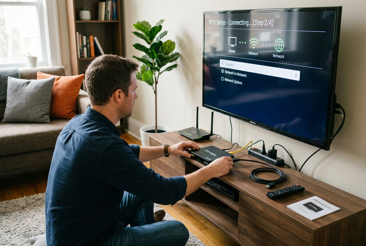 En Maa dahei bim Ifrichte vonere IPTV Box amne grosse Fernseher, was di eifach Installation und d’Vorteil vo modärnem Internet-TV zeigt.