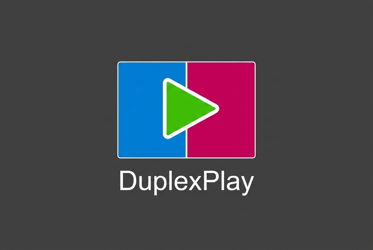 S'Logo vom DuplexPlay Player uf dunklem Hintergrund als Teil vom IPTV Smart Player Verglich.