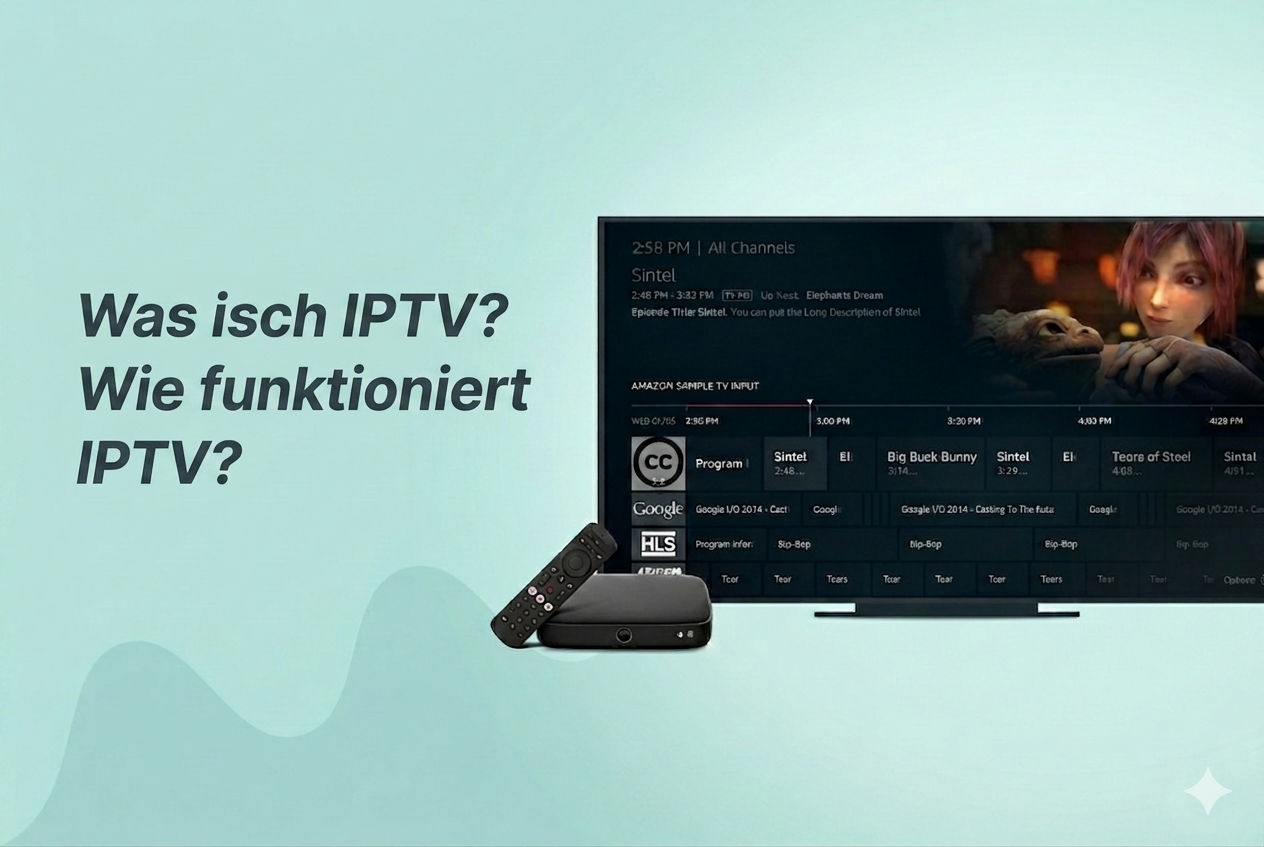 En modernä IPTV Player uf emne Fernsehbildschirm näbet ere Streaming Box und Fernbedienig mit em Text Was isch IPTV.