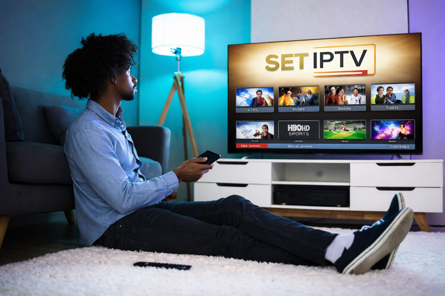 En junge Maa entspannt dehei uf em Teppich und nutzt d' Set IPTV App uf sim Smart TV, was zeigt wie eifach modärns Streaming hüt isch.